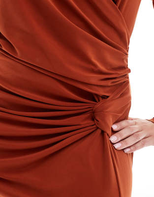 asos design curve one sleeve maxi dress with slashed front cut out in rust