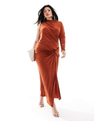 asos design curve one sleeve maxi dress with slashed front cut out in rust