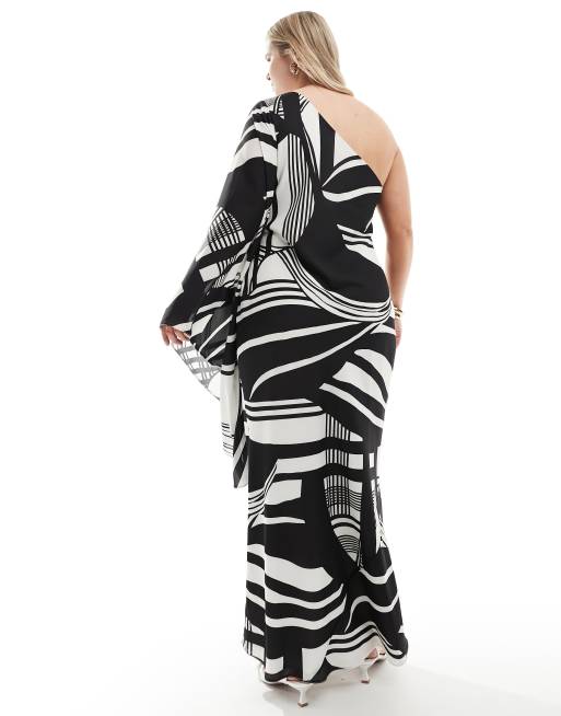 ASOS DESIGN Curve - Oneshoulder-maxikjole med overdrevent ærme og abstrakt stribeprint, 3 af 4