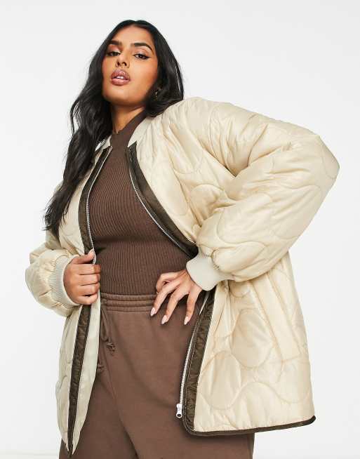 ASOS DESIGN Curve onion quilt bomber jacket in camel | ASOS