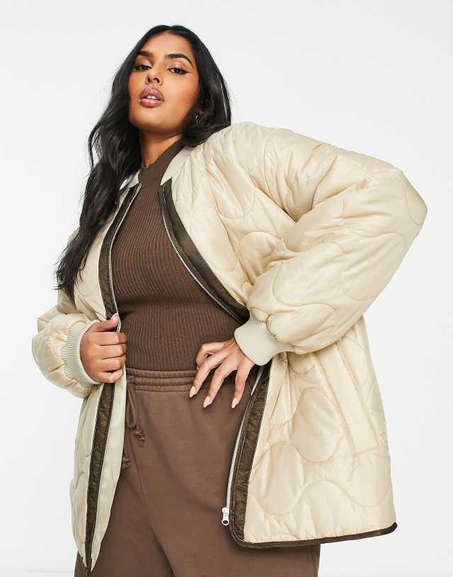 ASOS DESIGN Curve onion quilt bomber jacket in camel