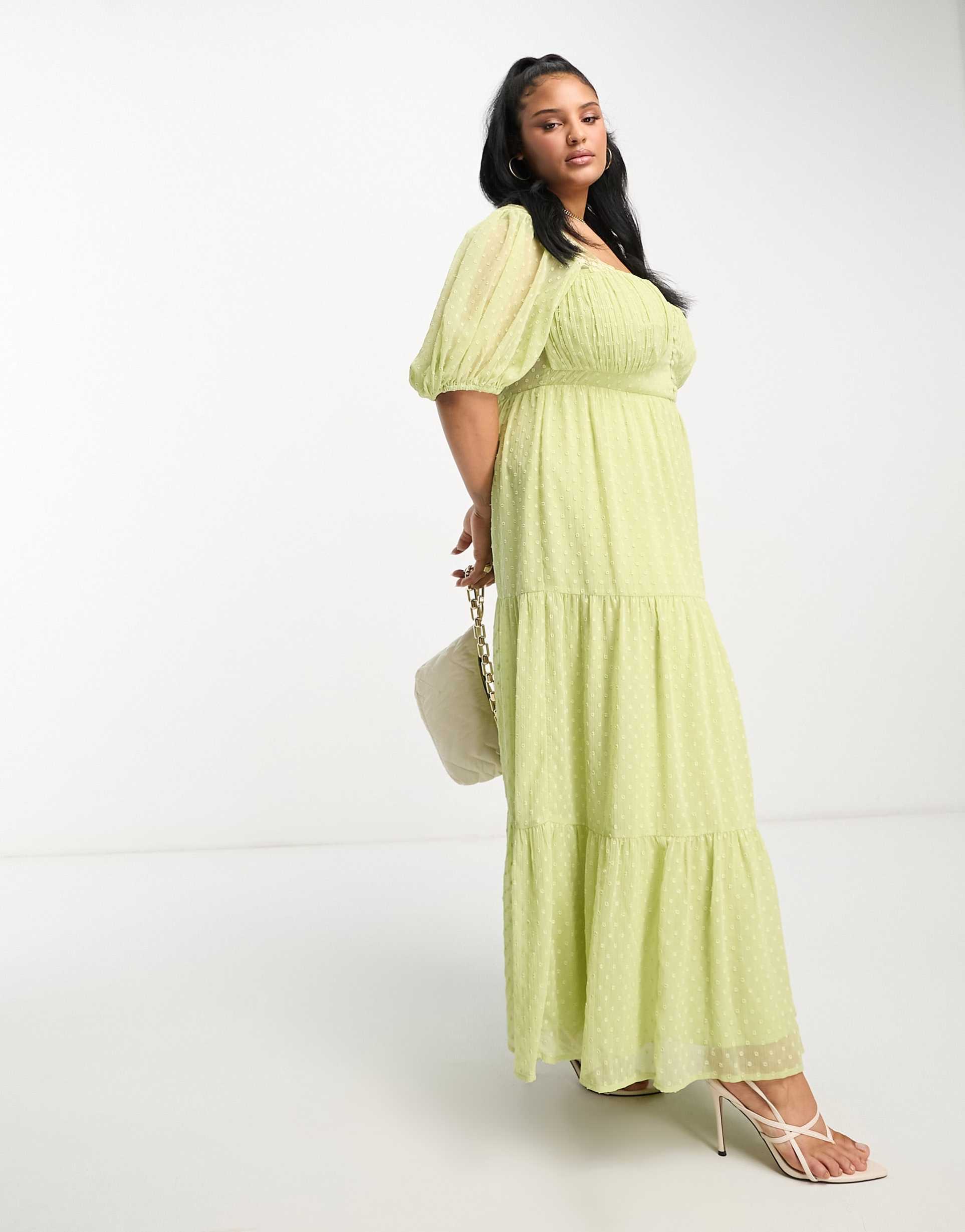 asos design curve open back lace insert textured maxi tea dress in lime