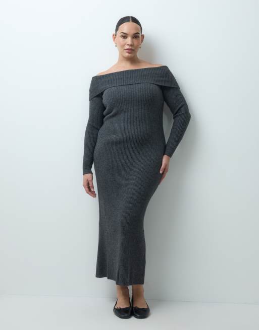 ASOS DESIGN Curve open back off the shoulder knit midaxi dress in charcoal, 2 of 4