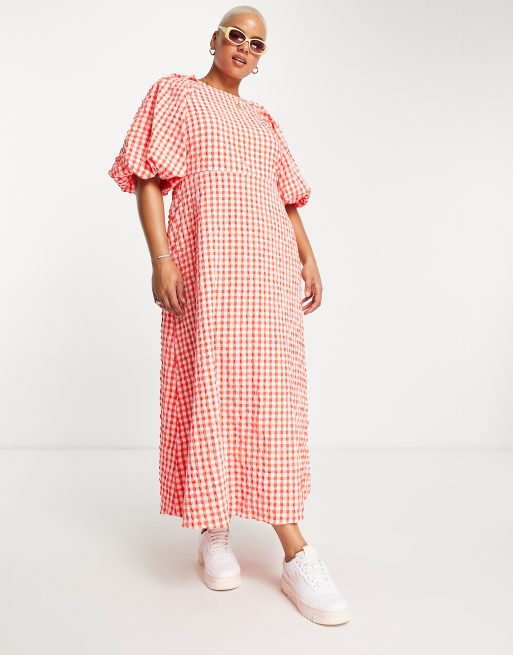 ASOS DESIGN Curve open back puff sleeve maxi dress in textured red gingham