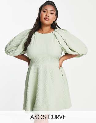 ASOS Curve ASOS DESIGN Curve open back puff sleeve mini dress in sage texture-Green