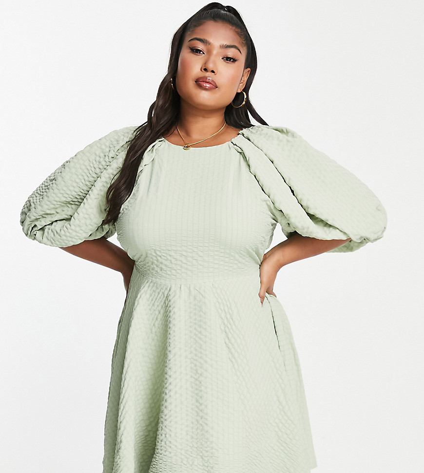 ASOS DESIGN Curve open back puff sleeve mini dress in sage texture-Green