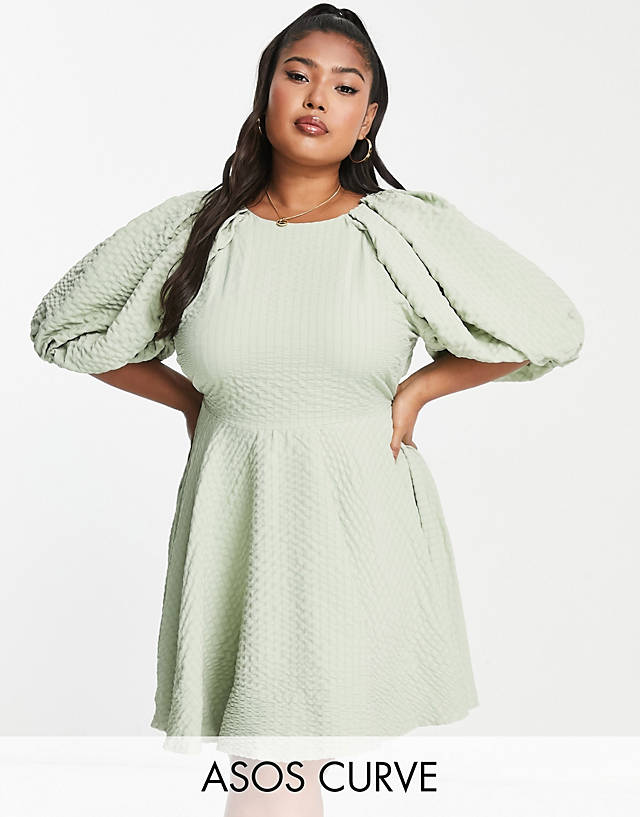 ASOS DESIGN Curve open back puff sleeve mini dress in sage texture