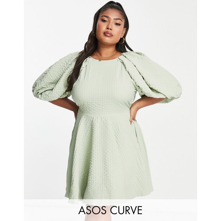 ASOS DESIGN Curve textured plaid mini shirt dress in sage
