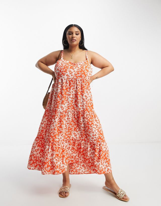 ASOS Curve - ASOS DESIGN Curve open back tiered hi low hem maxi dress in red floral print