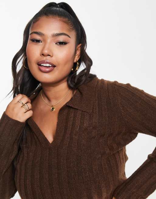 ASOS DESIGN Curve open collar rib jumper in brown, 3 of 4