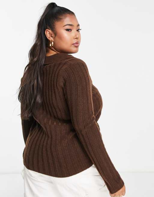 ASOS DESIGN Curve open collar rib sweater in brown, 2 of 4