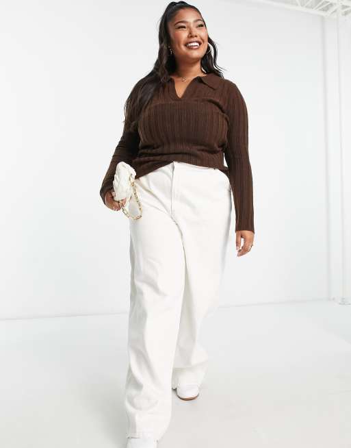 ASOS DESIGN Curve open collar rib sweater in brown, 4 of 4