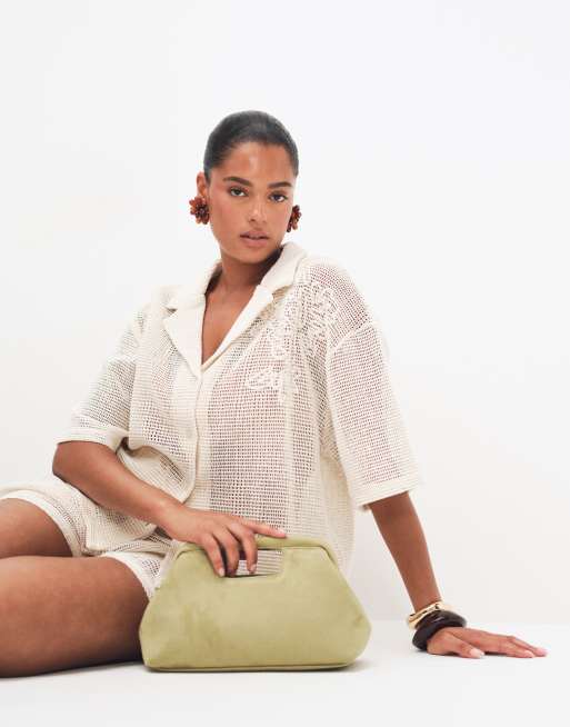 ASOS DESIGN Curve open knit revere shirt co-ord with cornelli detail in cream, 2 of 8