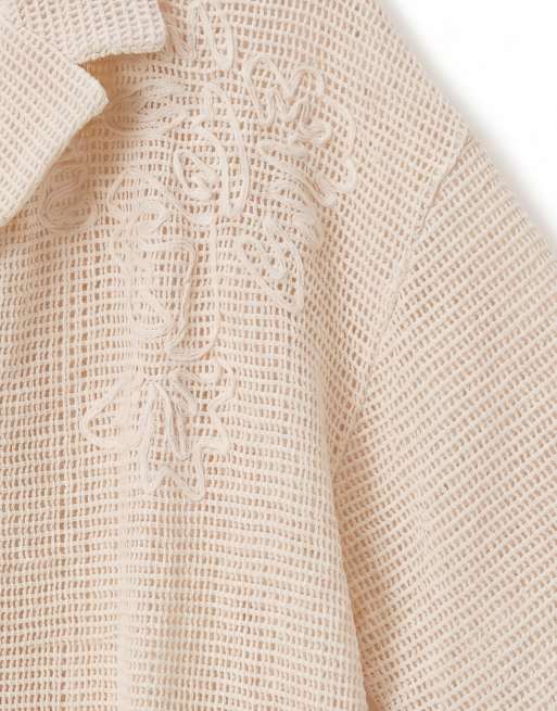 ASOS DESIGN Curve open knit revere shirt co-ord with cornelli detail in cream, 8 of 8