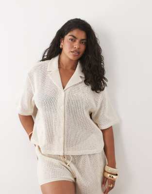 Asos Curve Asos Design Curve Open Knit Revere Shirt With Cornelli Detail In Green