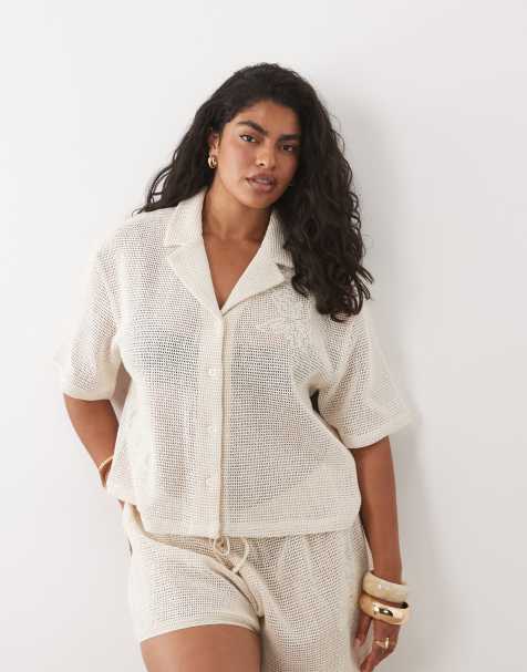 ASOS DESIGN Curve open knit revere shirt with cornelli detail in cream - part of a set - view 1