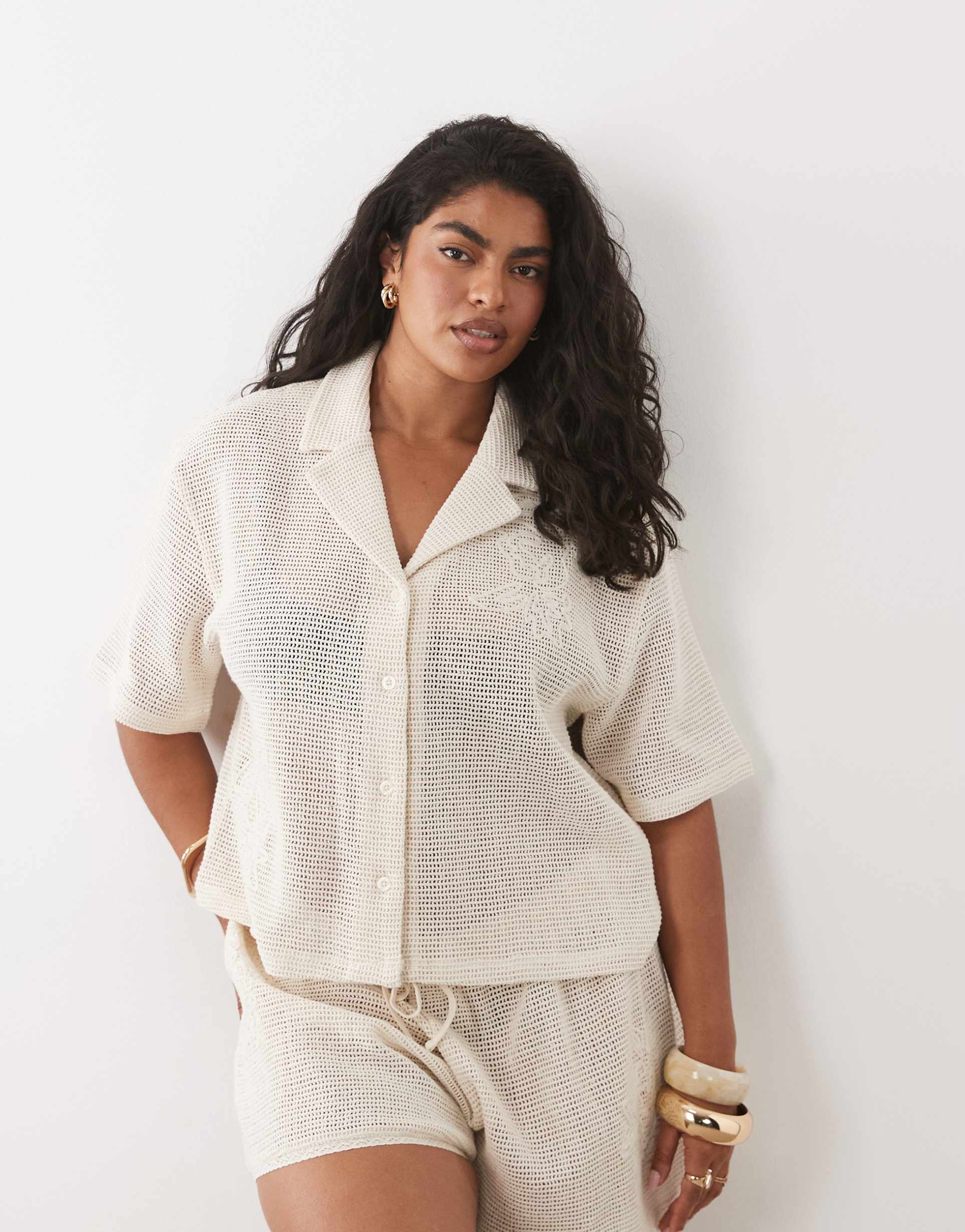 asos design curve open knit revere shirt with cornelli detail in cream - part of a set