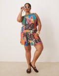 [ASOS DESIGN] ASOS DESIGN Curve open tie-back shell top in carnival print (Part of a set)-Multi 3XL Carnival print