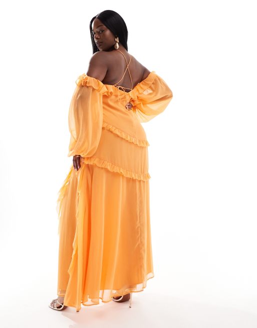 ASOS DESIGN Curve – Orange maxiklänning med bara axlar, volanger och korsade band vid nacken, 4 av 4