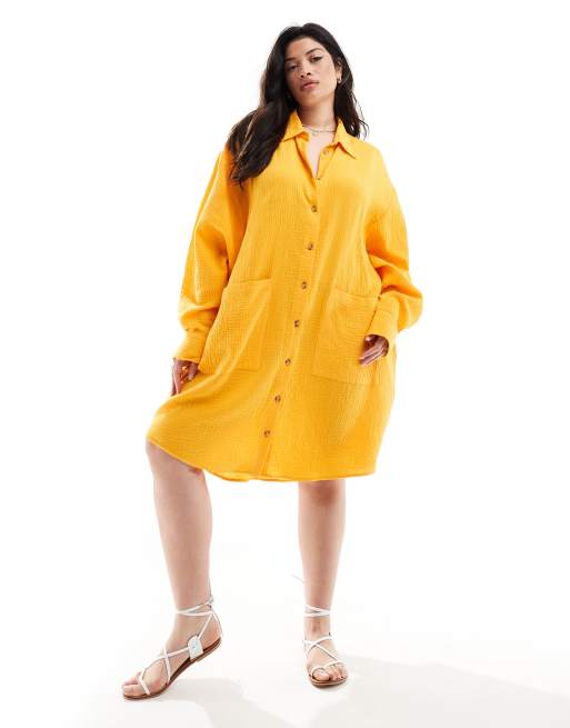 ASOS DESIGN Curve – Orange skjortklänning i oversize med två lager och sänkta fickor