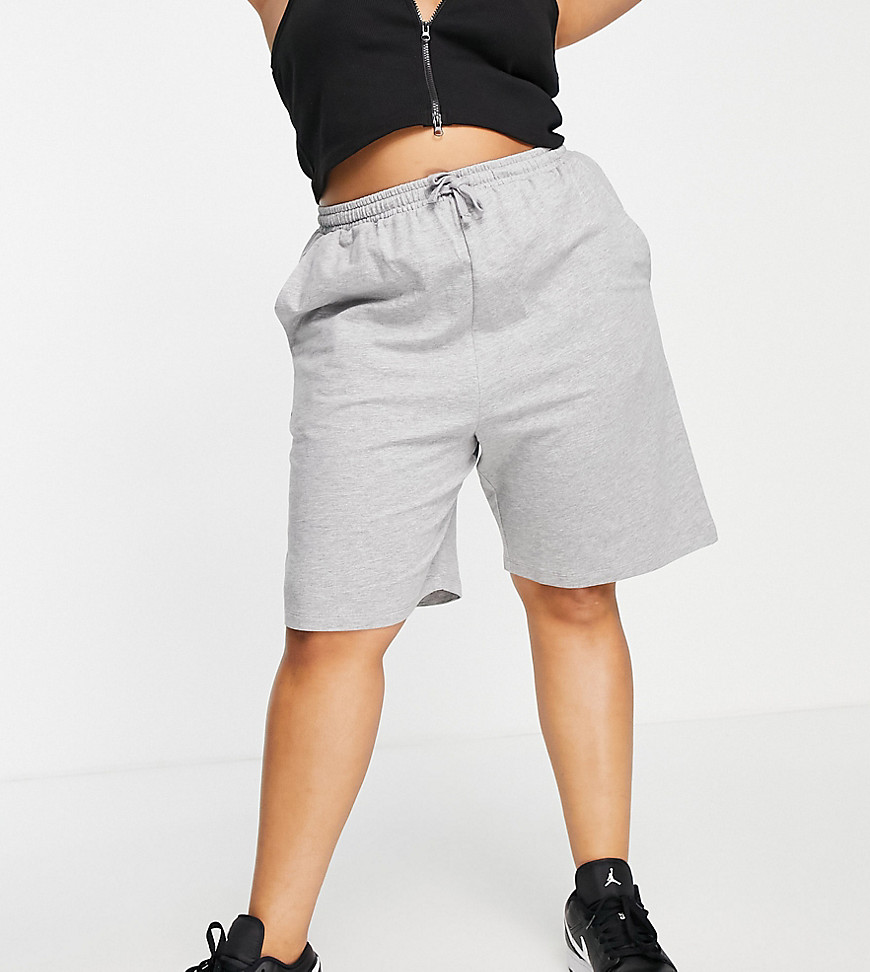 ASOS DESIGN Curve organic cotton 90s mid-rise sweat shorts in longer length in gray
