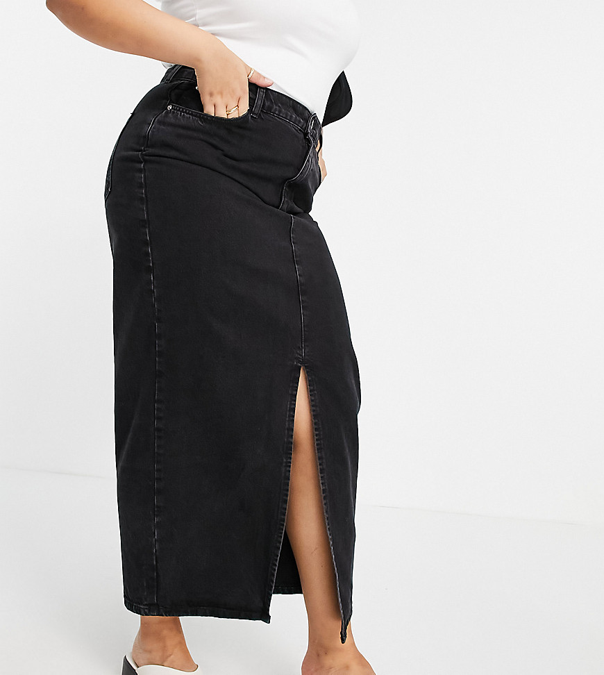ASOS DESIGN Curve organic cotton blend denim 90's midi skirt in washed black