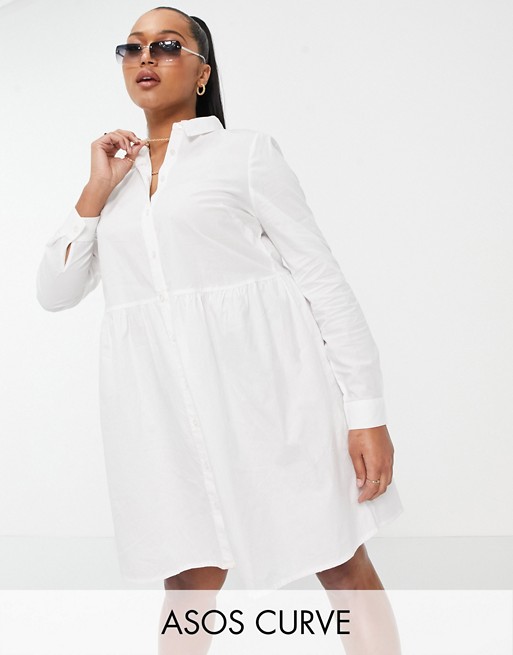 ASOS DESIGN Curve cotton mini smock shirt dress in white - WHITE