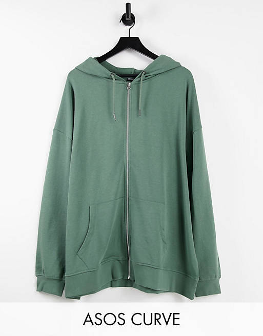 Women Curve organic cotton super oversized zip through hoodie in olive green 