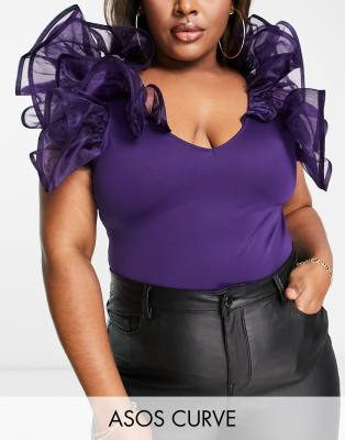 ASOS DESIGN Curve organza ruffle bodysuit in purple