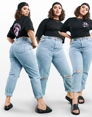 Jeans slim DESIGN Curve - Original - Jean mom taille haute déchiré - Délavage clair