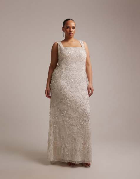 ASOS DESIGN Curve ornate crystal embellished square neck maxi wedding dress in ivory - view 1