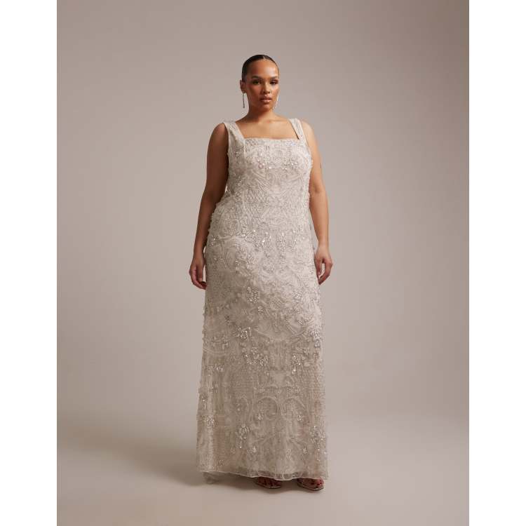 asos beaded wedding dress ASOS Curve - Crystal Embellished Square Neck Maxi Wedding Dress - Women - Polyester - 14 US