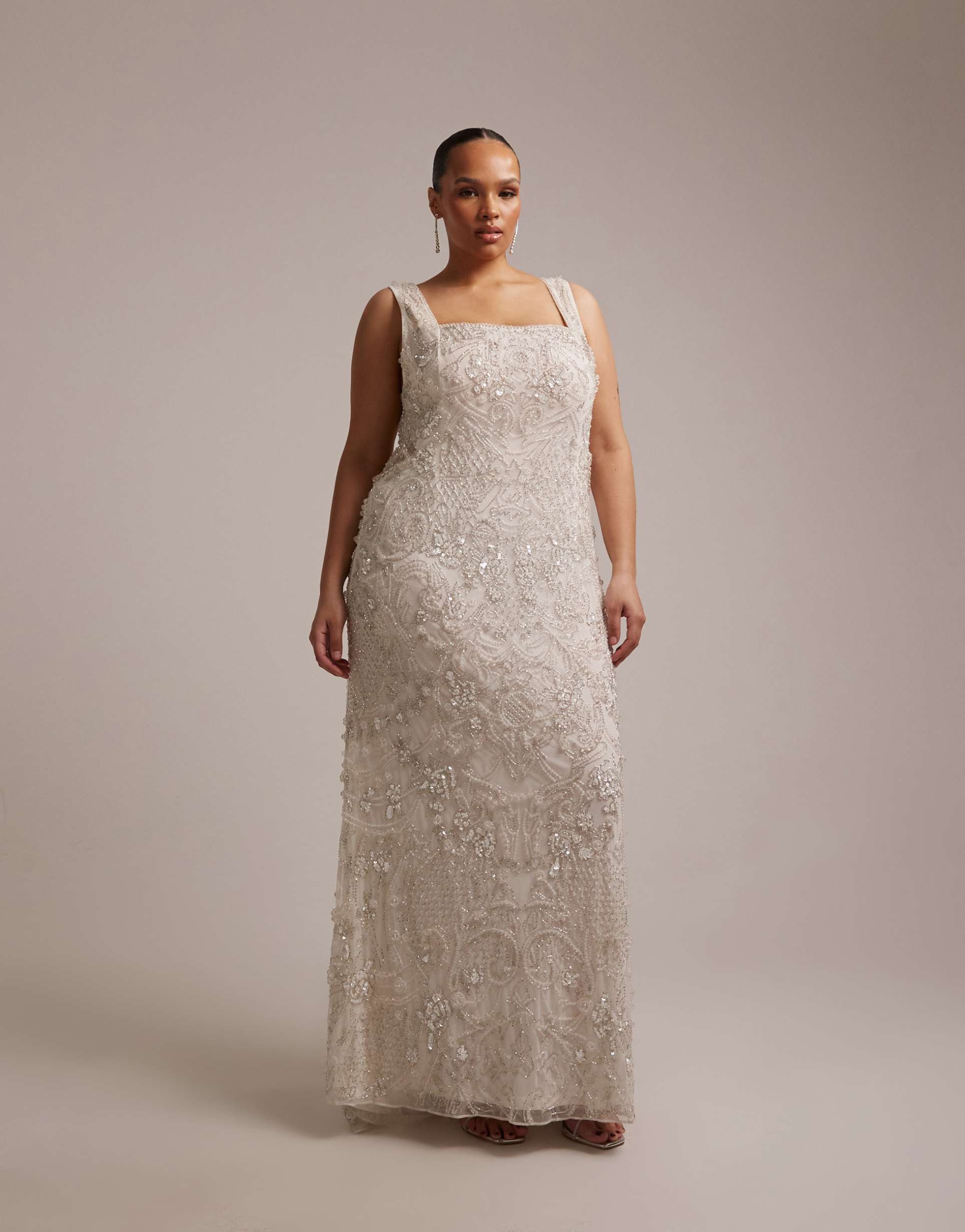 asos design curve ornate crystal embellished square neck maxi wedding dress in ivory
