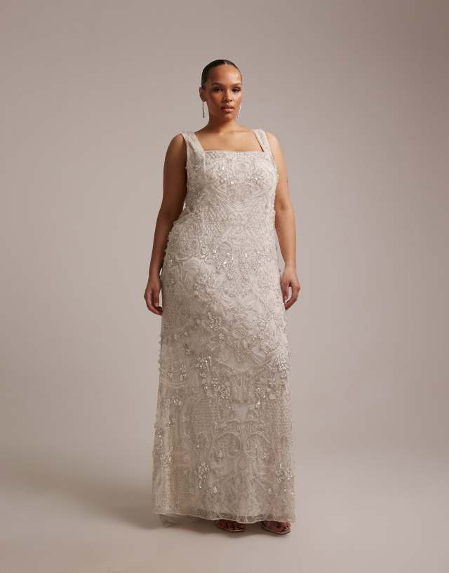 plus size ivory evening dresses ASOS Curve - Crystal Embellished Square Neck Maxi Wedding Dress - Women - Polyester - 14 US red-carpet