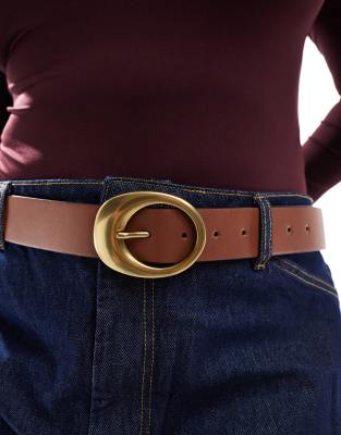 ASOS DESIGN CURVE oval buckle jeans belt in tan-Brown