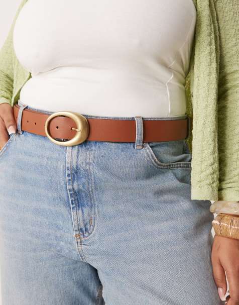 ASOS DESIGN curve oval buckle jeans belt in tan - view 1