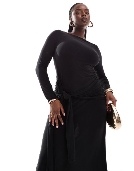 FhyzicsShops DESIGN Curve - Overdreven gedrapeerde maxi jurk met gestrikte voorkant in zwart