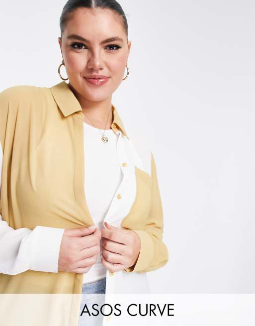 ASOS DESIGN Curve - Overhemd met kleurvlakken in camel en ivoorwit