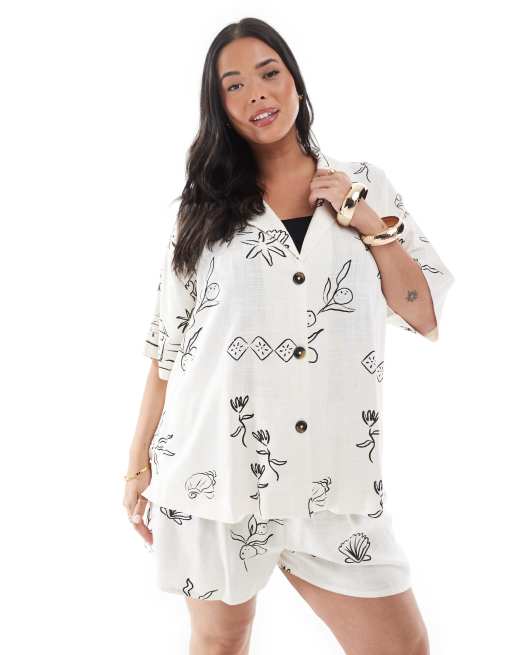 ASOS DESIGN Curve - Overhemd van linnenmix met korte mouwen en schetsprint, deel van co-ord set