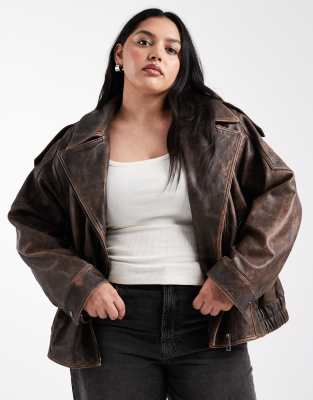 ASOS DESIGN Curve - Oversize-Bikerjacke in verwaschenem Braun mit gestepptem Innenfutter-Brown