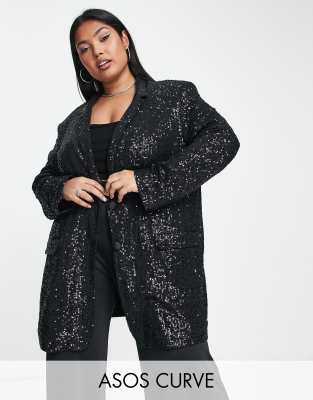 ASOS DESIGN Curve - Oversize-Blazer mit Paillettenbesatz in Schwarz