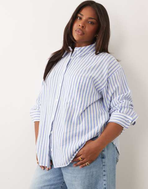 ASOS DESIGN Curve – Oversize-Hemd aus Leinenmix in Blau gestreift - view 1