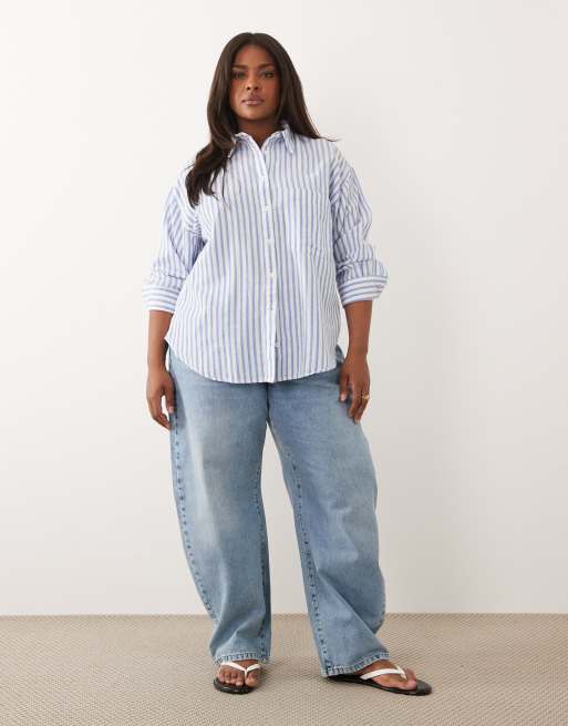 ASOS DESIGN Curve – Oversize-Hemd aus Leinenmix in Blau gestreift, 2 von 4