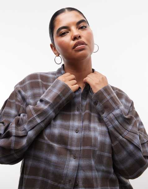 ASOS DESIGN Curve Oversize-Hemd mit gebürstetem Karomuster in Braun - view 1
