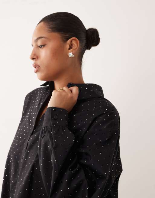 ASOS DESIGN Curve – Oversize-Hemdbluse in Schwarz mit Strassverzierung, Kombiteil, 4 von 4