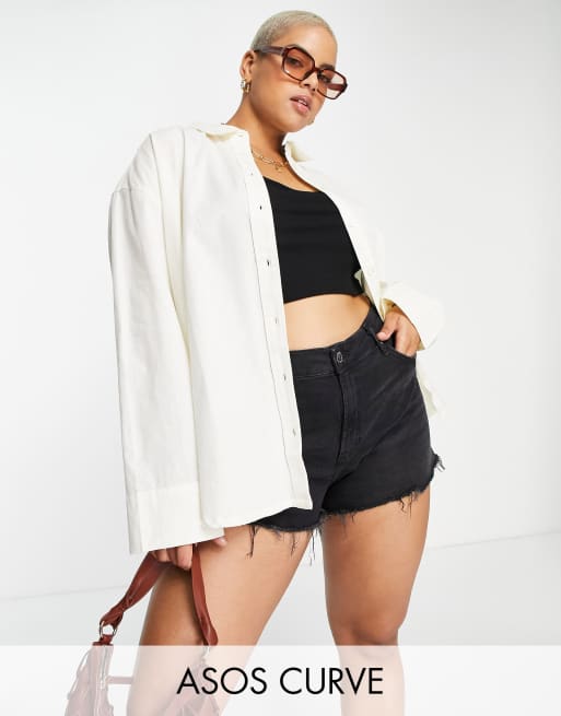 ASOS DESIGN Curve – Oversize-Leinenhemd mit nach hinten abfallendem Saum in Elfenbeinweiß