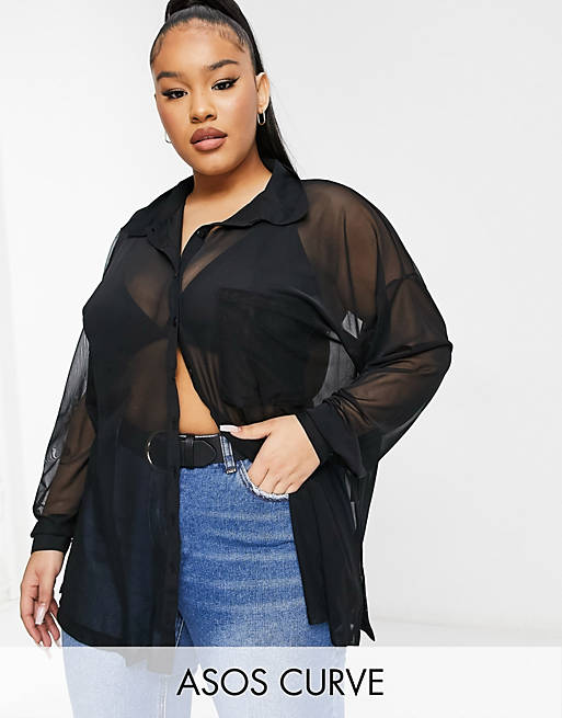 Tops Shirts & Blouses/Curve oversize mesh button shirt in black 