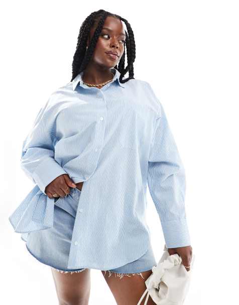 ASOS DESIGN Curve – Oversize-Shirt in Blau und Weiß gestreift - view 1