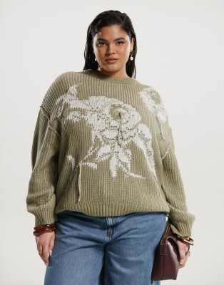 ASOS DESIGN Curve - Oversize-Strickpullover in Salbeigrün mit Rundhalsausschnitt und Rosenprint