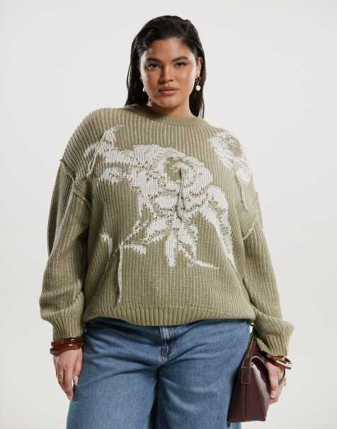 ASOS DESIGN Curve – Oversize-Strickpullover in Salbeigrün mit Rundhalsausschnitt und Rosenprint - view 1